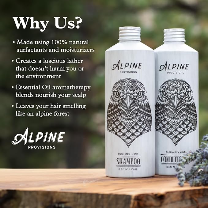 Alpine Provisions Rosemary & Mint Shampoo for Men & Women- Naturally Repair, and Hydrate with Essential Oils, Jojoba, Aloe Vera - Vegan, Sulfate & Plastic Free - Plant-Based Hair Care 16.9 FL Oz