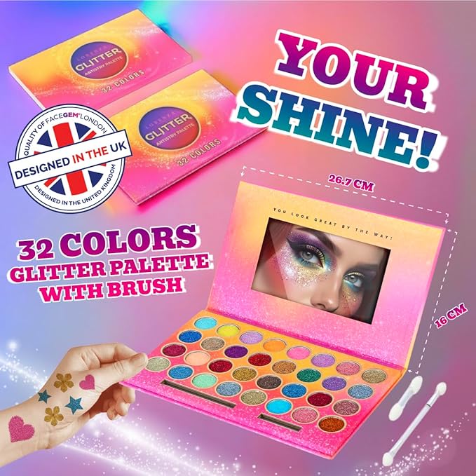 32 Colours Glitter Eyeshadow Palette, Make-Up Palette, Face and Body Glitter, glitter tattoos, festival accessories, Glitter Artistry Palette, Eye Shadow pallets for Women Girls Kids