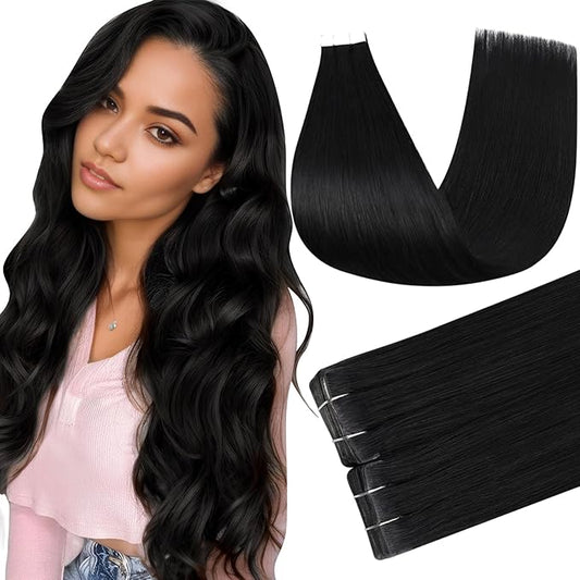 Full Shine Intact Black Human Hair Extensions Tape in Color 1 Jet Black Tape in Extensions Injection Seamless Skin Weft Machine Remy 14Inch 40Gram 20Pcs Straight Brazilian