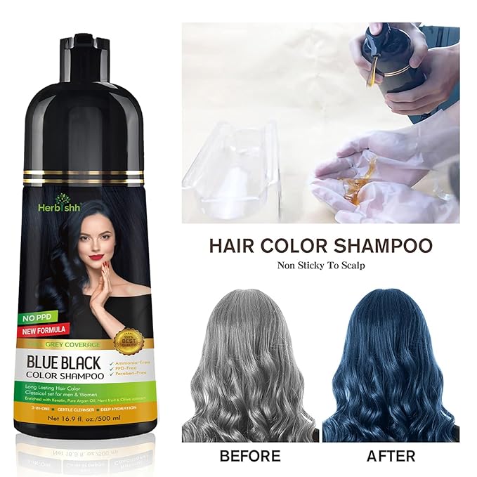 Herbishh Blue Black Hair Color Shampoo - 3-In-1 Magic Dye for Gray Hair 500 Ml + Argan Oil for Dull, Dry Damaged Hair 30ML