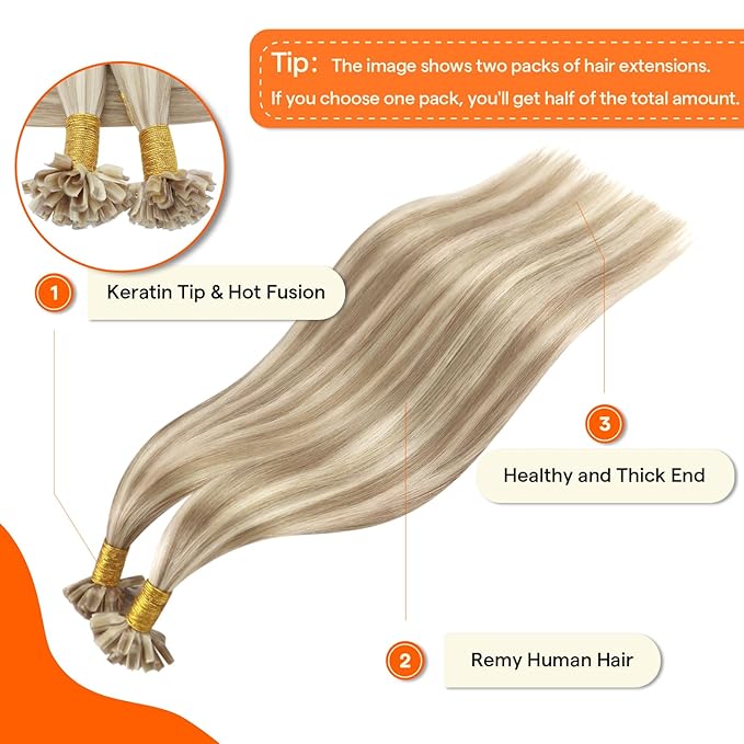 Full Shine U Tip Hair Extensions Human Hair Blonde Highlighted 24 Inch 50 Grams Ktip Human Hair Extensions for Women Long Straight Remy Hair Fusion Extensions add Length
