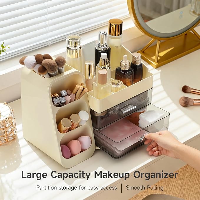Delamu Big Makeup Organizer with Drawers, Spacious Cosmetic Display Caddy with Makeup Brush Holder, Bathroom Countertop Organizer for Vanity, Dorm, Desk, Beige