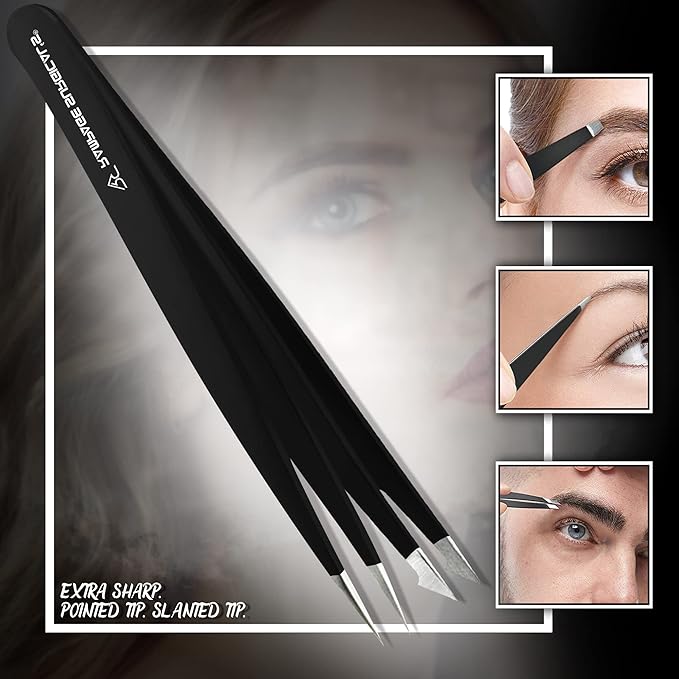 Professional Tweezers Pointed & Slanted for Eyebrow Stainless Steel 2, Pcs Set, Pointed Slant Tip Tweezers for Facial Hair, Plucking Removing Ingrown Hairs, Tweezer for Women Men (Black)