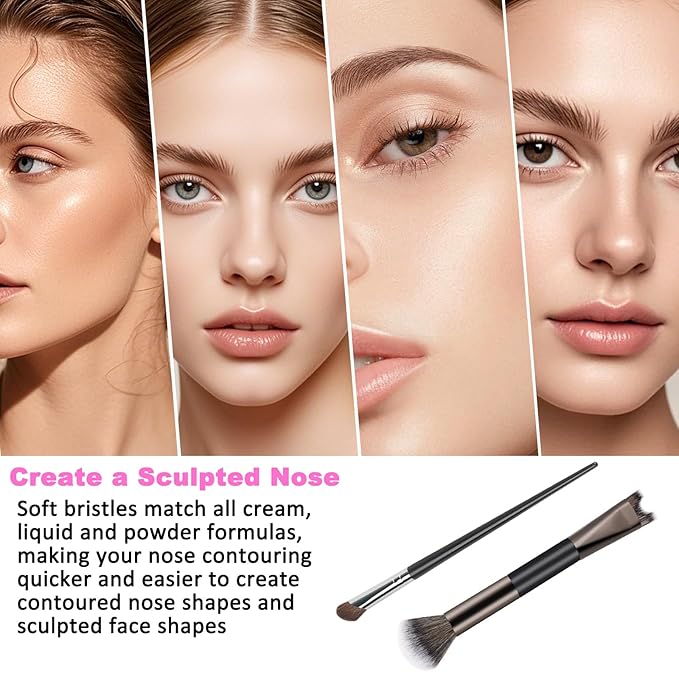 2PCS Nose Contour Brushes Set 2-In-1 U-Shaped Fluffy Angled Tilt Brush Set Dual Head Practical Makeup Tools for Precise Nose Sculpting Highlighting Defining Seamless Contouring for Makeup Artists
