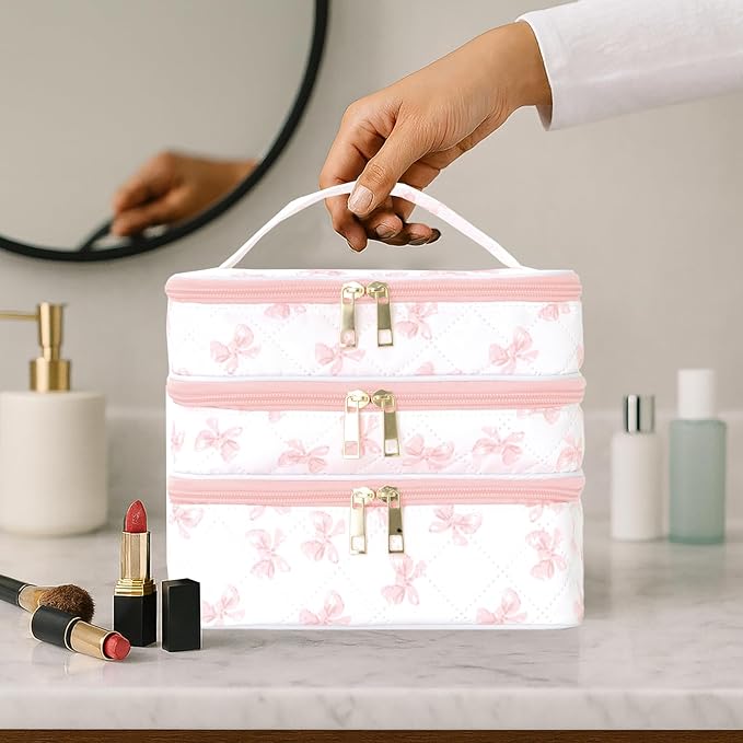 Travel Makeup Bag for Women Three Layer Large Cosmetic Case Water-resistant Toiletry Bag Organizer for Store Toiletries Cosmetic Accessories and Manicure Sets Pink Butterfly