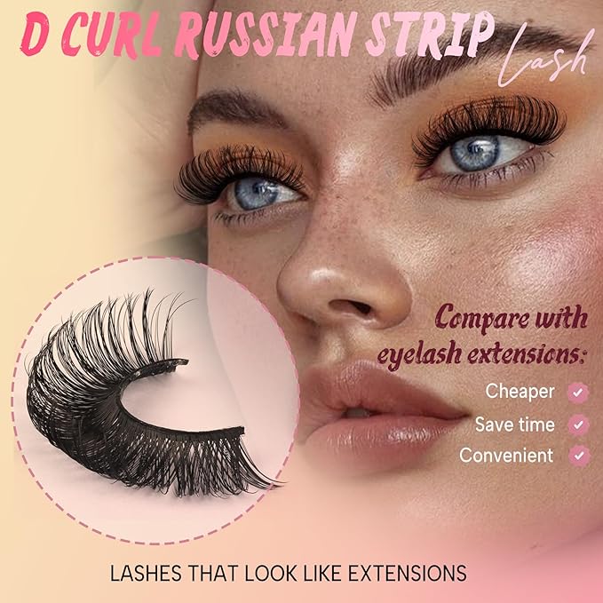 Ahrikiss Lashes Russian Strip Lashes That Look Like Extensions D Curl Wispy False Eyelashes 10 Pairs 3D Volume Fake Lashes Fluffy Faux Mink Lashes Natural Look (D16)
