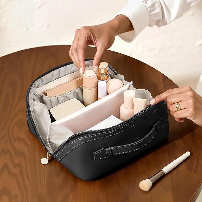mibasies Flat Lay Open Travel Makeup Bag, Dual-Zipper Diagonal Cosmetic Bag, Large Capacity Waterproof Toiletry Bag for Women