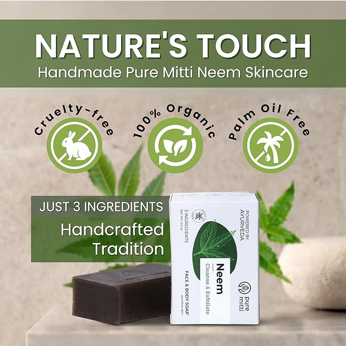 Neem Face, Body Bar Soap 4.5 oz | Ayurvedic Exfoliating, Cleansing Bar with Coconut Oil, Castor Oil | Gentle Bath Soaps for Face Wash, Body Wash | Soft Soap for Daily Use, All Skin Types