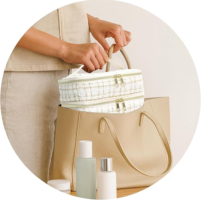 Travel Makeup Bag for Women Three Layer Large Cosmetic Case Water-resistant Toiletry Bag Organizer for Store Toiletries Cosmetic Accessories and Manicure Sets Gold White