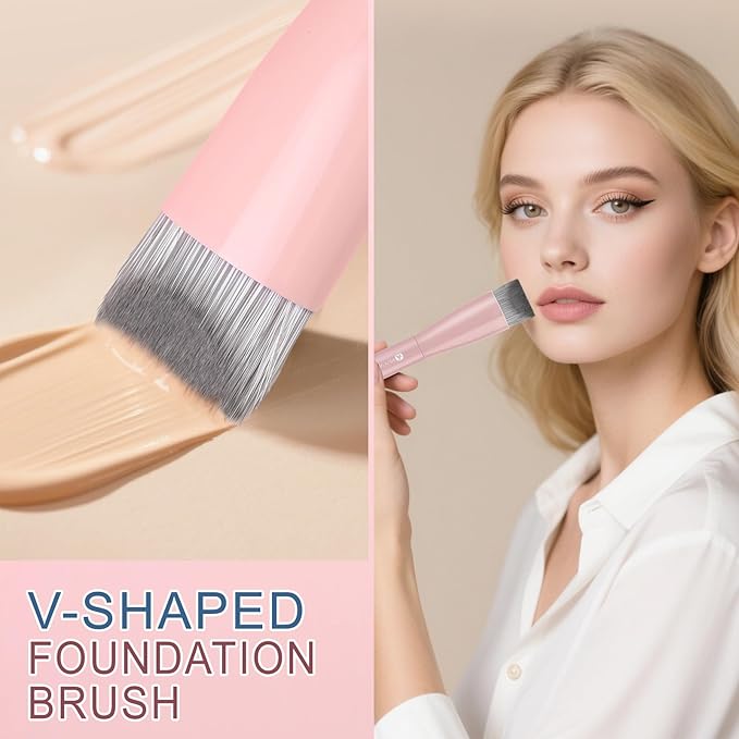 KINGMAS Foundation Makeup Brushes, V-Shaped Kabuki Concealer Brush Under Eye Nose Contour Brush for Liquid Cream Powder Blending Buffing (Pink)
