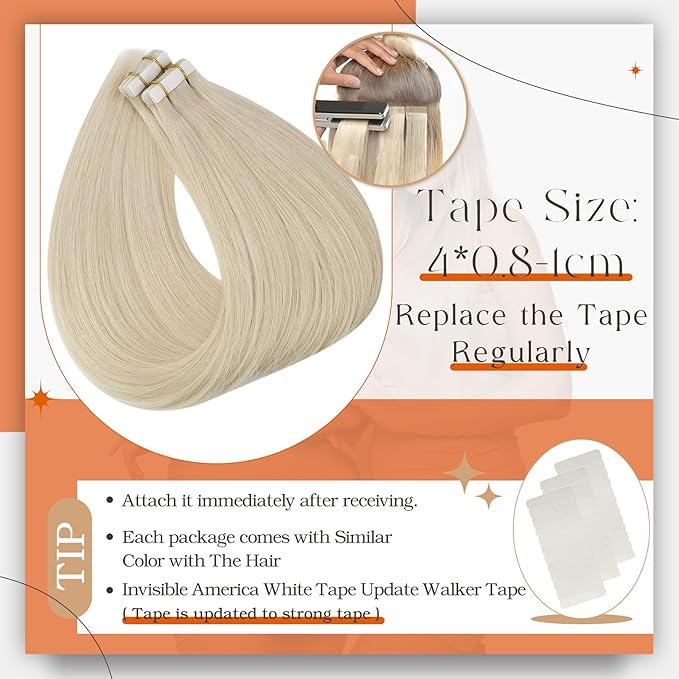 Full Shine Blonde Tape Hair Extensions Real Human Hair Color 613 Tape in Extensions Human Hair 26Inch Long Straight Extension Seamless Skin Weft for Women 50G Remy Brazilian Soft Extension 20Pcs