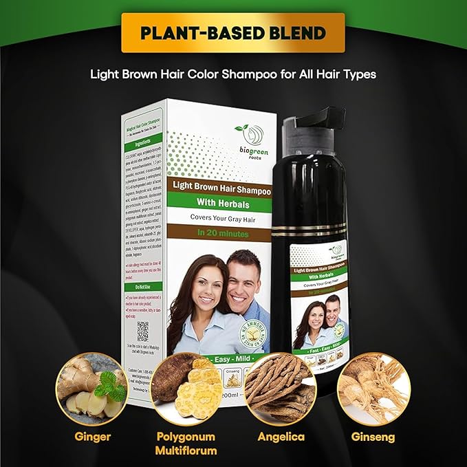 Ammonia-Free & Paraben Free Herbal Hair Shampoo - Hair Dye Shampoo for Women & Men - Natural Color and Herbal Nourishment - No Stain on Skin - Light Brown (2 bottles x 200 ml)