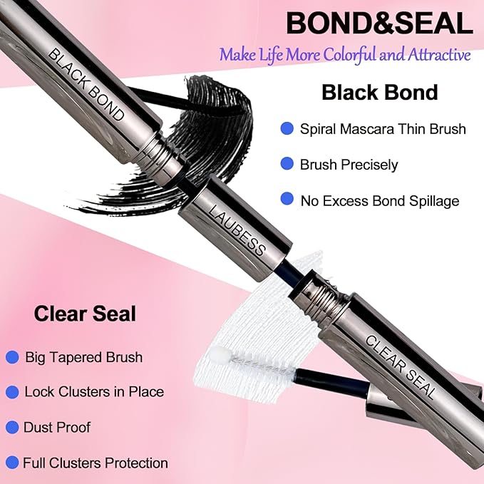 Lash Bond and Seal Lash Glue Waterproof LAUBESS 2-in-1 Cluster Lash Glue for Eyelash Clusters 72H 10ml (Black/Clear)