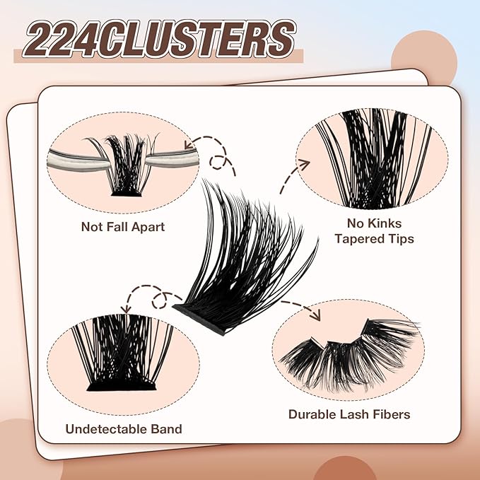 Lash Clusters Kit, DIY Cluster Eyelash Extensions 9‑16mm, 60D+80D+100D, 224pcs Fluffy D Curl Natural Lashes with Bond & Seal,Remover,Tweezers,Brush–Fake Cat Eye Individual Clusters