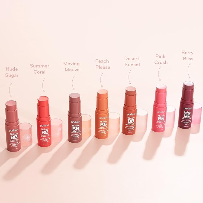 pürlisse Blush Glow BB Lip and Cheek Tint - Hydrating & Buildable 2-in-1 Cream Blush Stick for Cheeks & Lips - Formulated with Nourishing Vitamin E & Hyaluronic Acid - Moving Mauve (.28 oz)