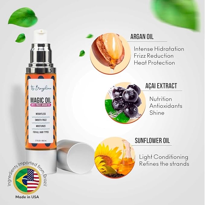 IT'S BRAZILIAN Magic Oil – Anti-Frizz Argan Oil Hair Serum, Weightless Shine & Smooth Feel – 1.7 fl oz – Moisturizes & Tames Flyaways – For All Hair Types