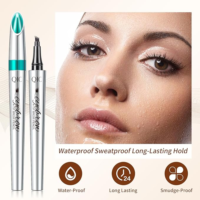 QIC Eyebrow 4 Tip Brow Pencil, Microblading Pen Waterproof Long-Lasting with Upgrade Micro-Fork Tip Applicator for Natural Brows (Dark Brown-02)