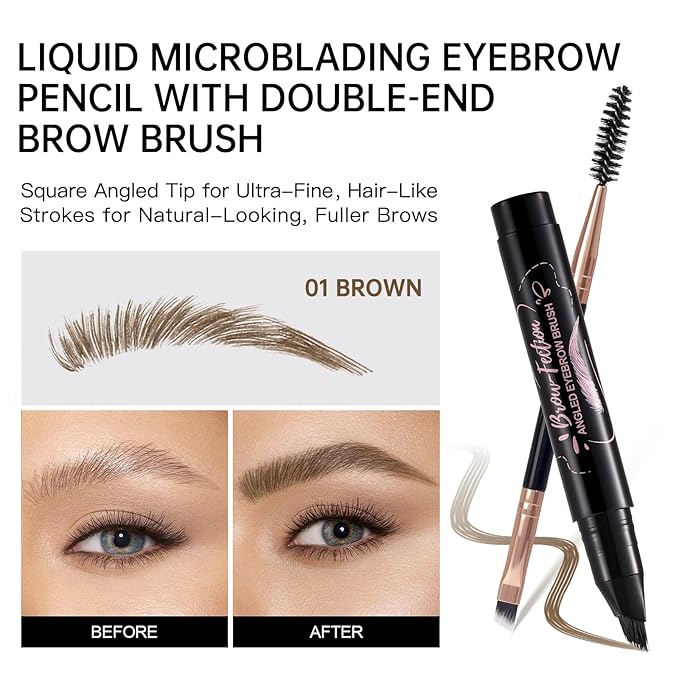 Liquid Microblading Eyebrow Pencils for Women–Waterproof, Quick-Drying, Eye Brow Pen with Angled Brush, Brow-Fection Natural Hair-Like Strokes, with Eyebrow Brush for Blending 01 Brown