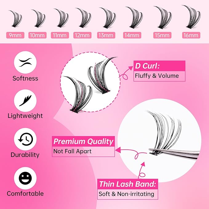 Lash Extension Kit 320pcs Lash Clusters D Curl 9-16mm Mix Lash Clusters Kit 40D Individual Lashes with Lash Bond and Seal and Lash Tweezers