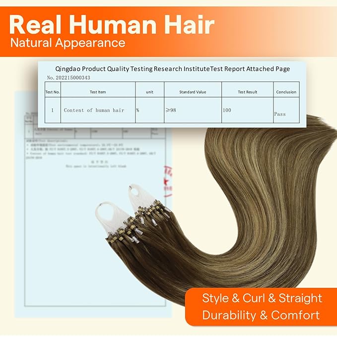 Full Shine Micro Ring Human Hair Extensions Color 4/24/4 Brown and Blonde Balayage Micro Link Hair Extensions 16 Inch Natural Remy Hair 50 Grams add Volume