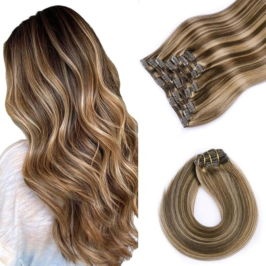 VINBAO Thick 160g Clip In Hair Extensions Real Human Hair Color 4 Chocolate Brown to 27 Dark Blonde Balayage Remy Hair 22Inch 7PCS Straight Thick End Double Weft (#HC4P27,22'')