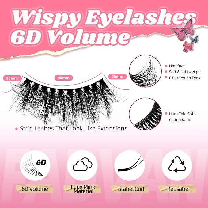 FADVAN False Eyelashes Faux Mink Lashes 6D Volume Full Cat Eye Long Dramatic Strip Lashes That Look Like Extensions With Lash Glue Thick Cat Eye False Eyelashes Pack 10 Pairs-D02