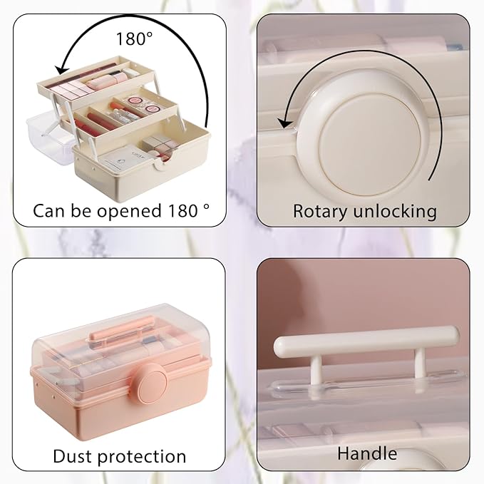 Makeup Storage, Pink Tackle box for Women with Handle. Cosmetic Storage Box Organizer, Portable 3 Layers Makeup Case for Home