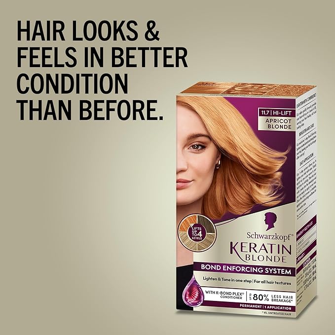 Schwarzkopf Keratin Blonde Hair Dye, 11.7 Apricot Blonde, Professional Quality Hi-Lift Permanent Hair Color, Bond Enforcing System Helps Prevent Breakage* Pre-Color Serum & Conditioner Included