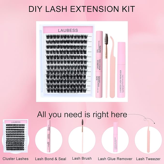 Lash Extension Kit LAUBESS Lash Clusters Kit Cluster Eyelash Extensions Kit Eyelash Clusters Lash Bond and Seal Waterproof Tweezers Brush Lash Glue Remover (Kit 03-D-Mix14-18)
