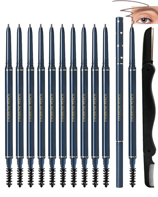 Eyebrow Pencil for Women, 12Pcs Light Brown Ultra-Fine Eye Brow Pencil Set, Easy to Color, Longlasting Waterproof Eyebrow Tint Pen Kit for Define Shape & Fill Brow,Thanksgiving Makeup Gift for Girl-02