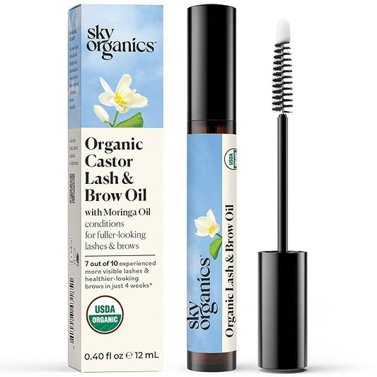 Sky Organics Organic Castor Oil (16 oz), USDA Certified Organic, 100% Pure, Cold Pressed, Hexane Free, Boost Hair Growth, Use with Castor Oil Pack (Lash & Brow Oil & Applicator)