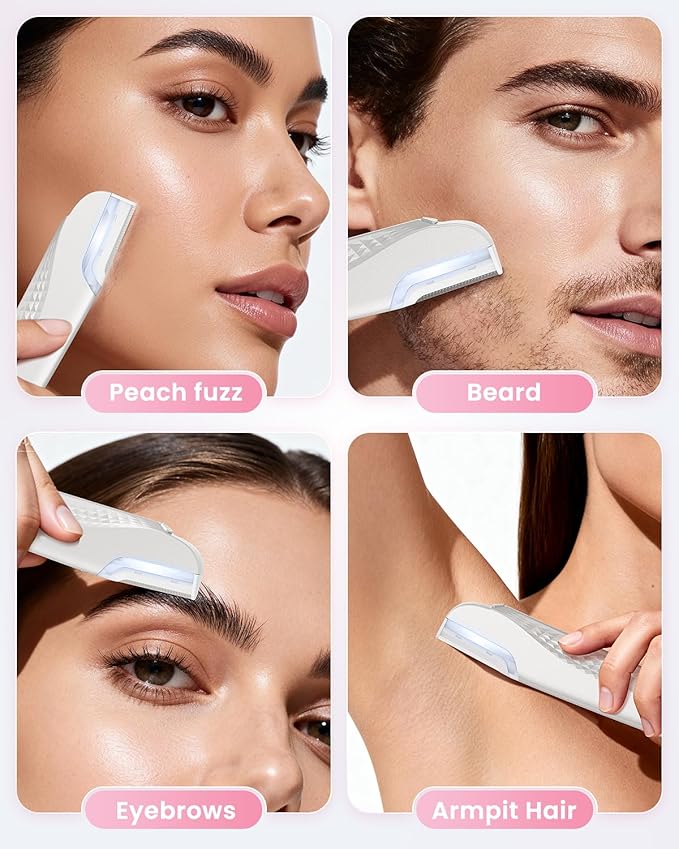 Dermaplane Razor For Women Face, 3 Adjustable Dermaplaning Tool, Facial Hair Removal Razors with Led Light for Peach Fuzz,Rechargeable Sonicsmooth Facial Hair Remover with 8 Replacement Blades (White)