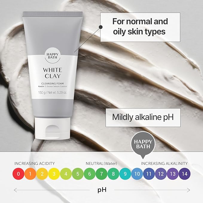 HAPPY BATH White Clay Facial Cleanser, Natural Deep Pore Cleanser, Combination to Oily Skin, Korean Foaming Face Wash, Gentle Formula for Daily Use, 5.29 Fl Oz.