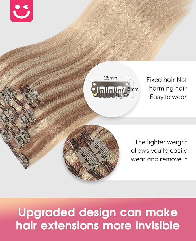 Youngsmile Clip in Hair Extensions Human Hair, 22 Inch 120 Gram 7Pcs, Real Human Hair Extensions Clip in Balayage Ash Brown to Caramel Blonde, Soft Silk Straight (CLIP#10/27/27-22Inch)