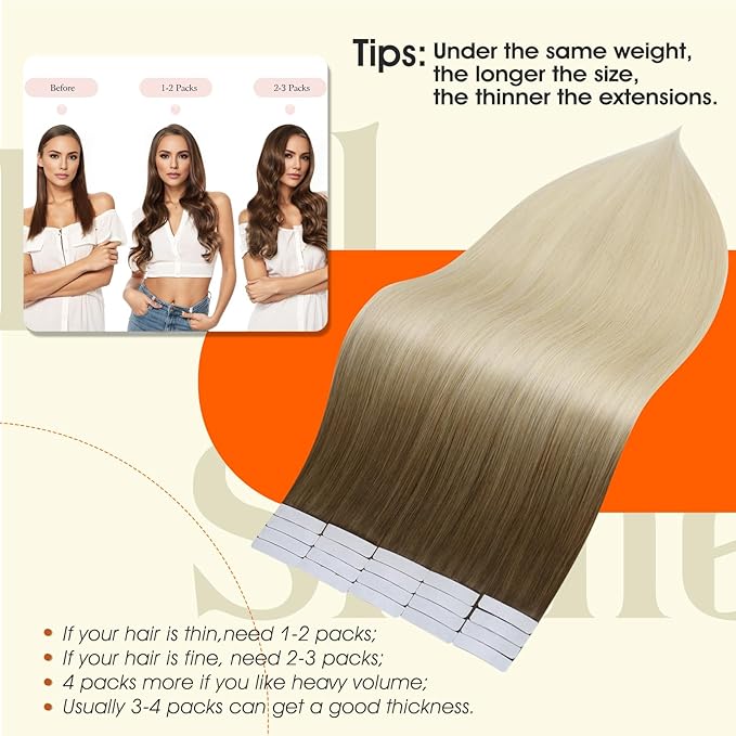 Full Shine Blonde Human Hair Extensions Tape in Color 3 Brown Ombre 8 Ash Brown Highlighted 613 Blonde 16Inch Double Sided Tape in Hair Extensions Human Hair 50G Seamless Remy Hair 20Pcs