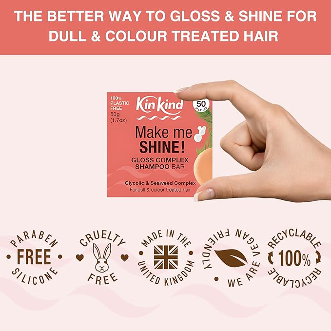 KinKind Shine Gloss Complex Shampoo Bar - Glycolic Acid & Seaweed Shampoo - For Colour-Treated & Dull Hair - UK Made - Up to 50 Washes - Vegan & Cruelty-Free