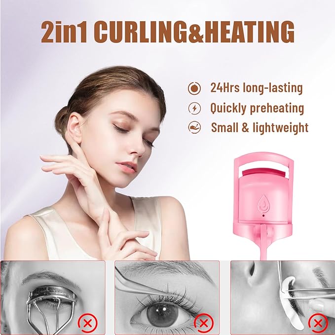 C-Shaped Heated Eyelash Curler Fast Heat Up in 5s - Rechargeable Electric Eyelash Curler for 24H Long Lasting Curls - Safe Anti-Burn Lash Curler Elevate Your Beauty with Stunning Lashes (Pink, L)