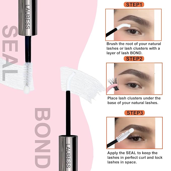 Lash Bond and Seal Lash Glue Waterproof LAUBESS 2-in-1 Cluster Lash Glue for Eyelash Clusters 72H 10ml (White/Clear)