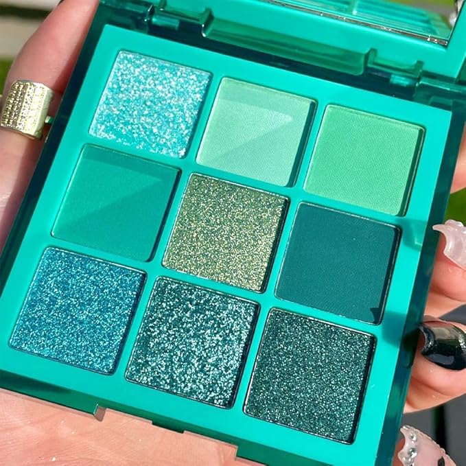 evpct 9 Colors Teal Eyeshadow Palette, Turquoise Cyan Light Blue Dark Green Glitter Metallic Shimmer Sparkly Eye Shadow Palette Makeup for Older Women Blue Eyes, Waterproof Highly Pigmented Eyeshadow
