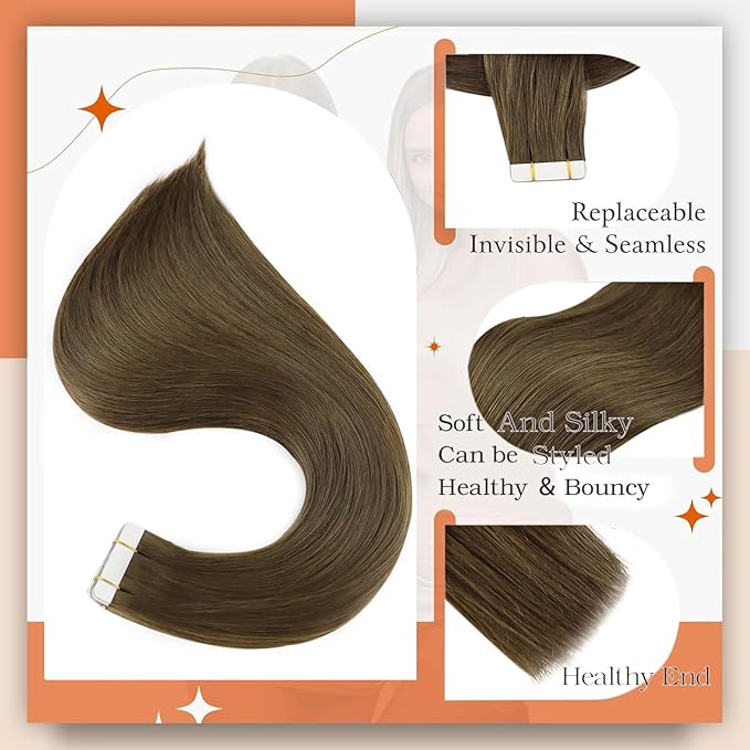 Full Shine Brown Hair Extensions Tape in 24 Inch Tape in Human Hair Extensions 50 Gram Natural Tapes in Hair Extension Seamless Extensions 20Pcs Long Straight Remy Hair Extension for Women