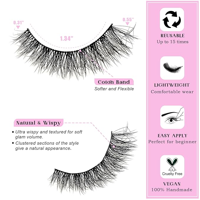 Lashes Wispy False Eyelashes Cat Eye Lash Strips Natural Fake Eyelash Mink Strip Lash Pack 14 Pairs Lightweight Fluffy Cateye Lashes Soft Cotton Band 8-14mm Wispies Easy Eyelashes Natural Look