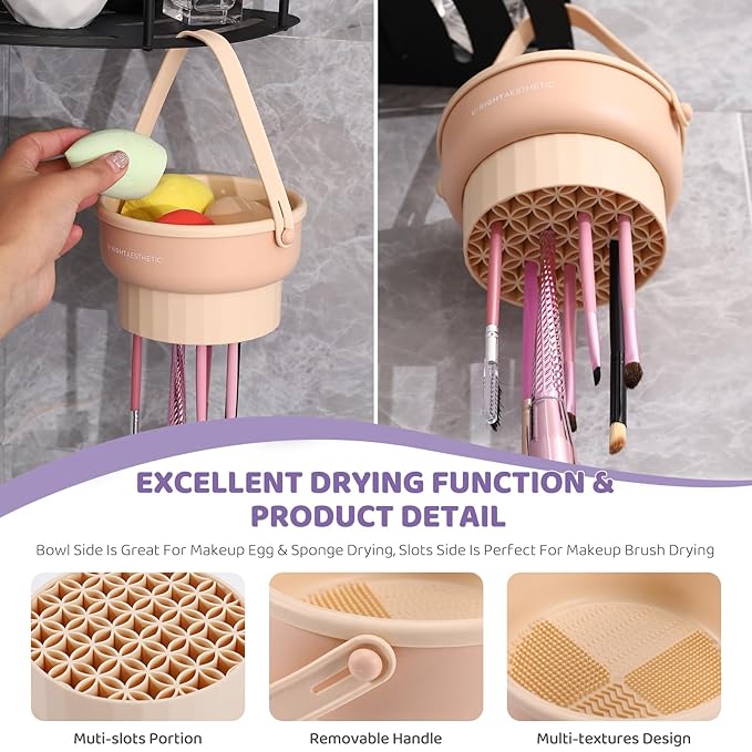 2 Pack Makeup Brush Cleaner Mat 3 in 1 Silicone Makeup Brush Cleaner Makeup Brush Cleaning Bowl Makeup Brush Sponge Scrubber Tool for Cleaning, Storage And Upside Down Drying(Two Khkai)