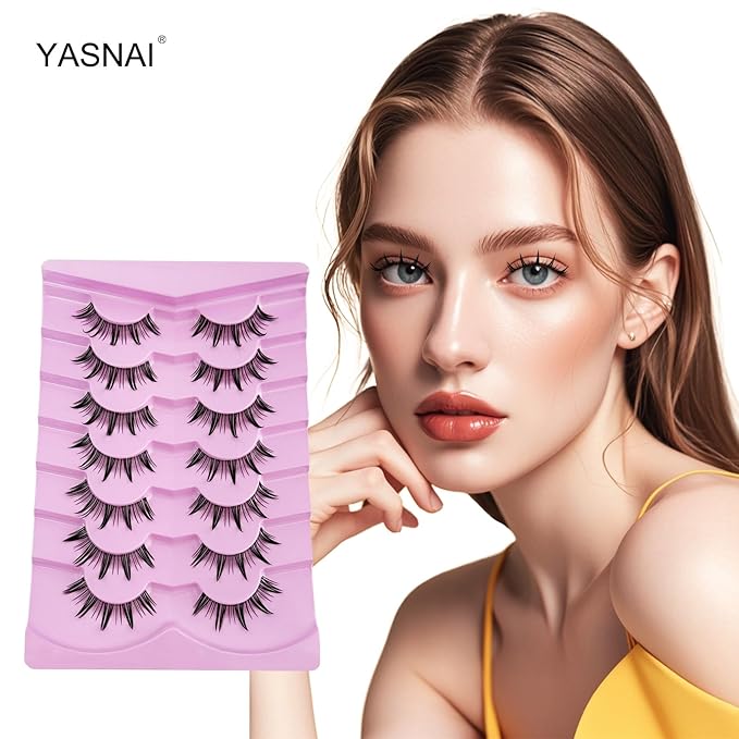 Fairy Lashes Manga Lashes Yasnai Clear Band False Eyelashes Wispy Lashes Fake Lashes Natural Look Eyelashes Wet-Look Spiky Anime Strip Lashes 7 Pairs Pack