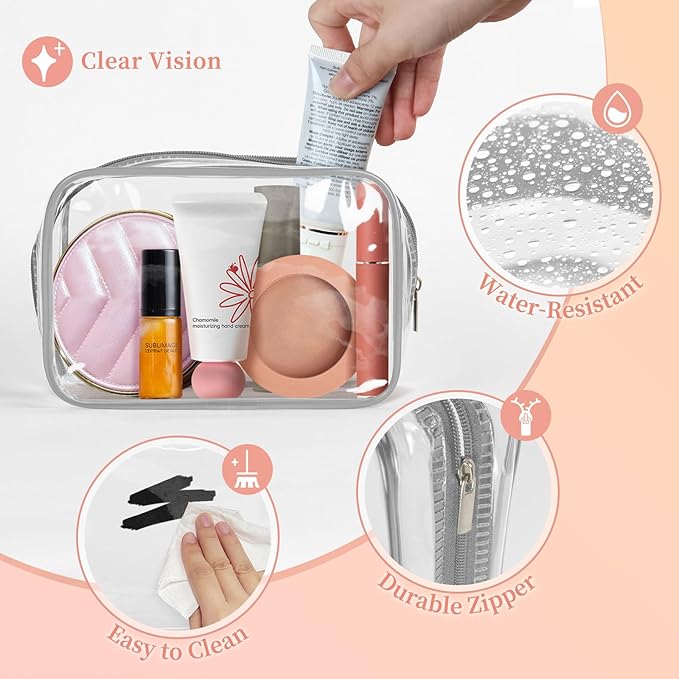 TISRATOK 12 PCS Clear Makeup Bag for Women with Zipper, TSA Approved Toiletry Pouch, Cosmetic Bag Bulk for Travel Organizer Essentials - Grey,Small