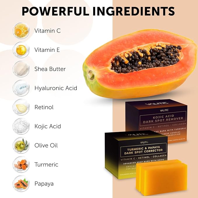 VALITIC Papaya and Turmeric Kojic Acid Soap Bar - Dark Spot Corrector Skin Care Cleansing Bar - Infused with Vitamin C, Hyaluronic Acid, Collagen - Papaya 2 Pack, Kojic 2 Pack