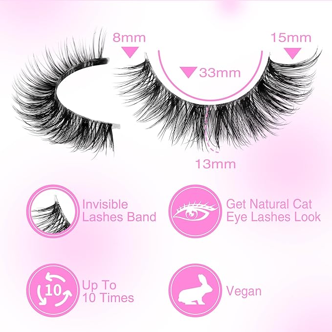 Newcally Lashes Mink False Eyelashes Natural Look Wispy Clear lash Band Fake Eyelashes Volume 3D Curly Strip Volume Cat Eye Lashes Pack 14 Pairs