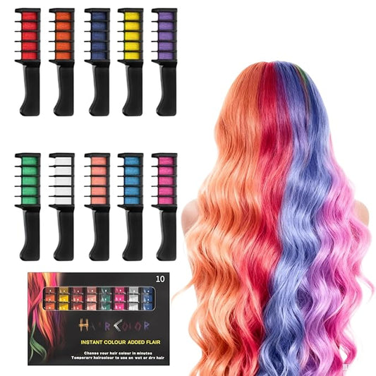 12 Colors Festive Fun Hair Chalk Combs, Instant Hair Color Comb Washable Quick Dry Vibrant Temporary Color for Birthday Christmas Party Gifts for Teenage Girls Kids (10 Colors)