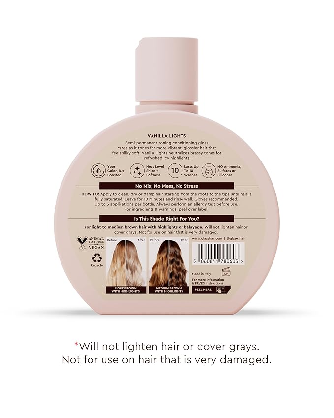 Glaze Supergloss Color Conditioning Gloss – Hydrating Semi-Permanent Color Hair Gloss & Shine Boost – Color Depositing Mask - Vegan, Cruelty-Free – 6.4 Fl Oz - Vanilla Lights - Cool Blue Toner