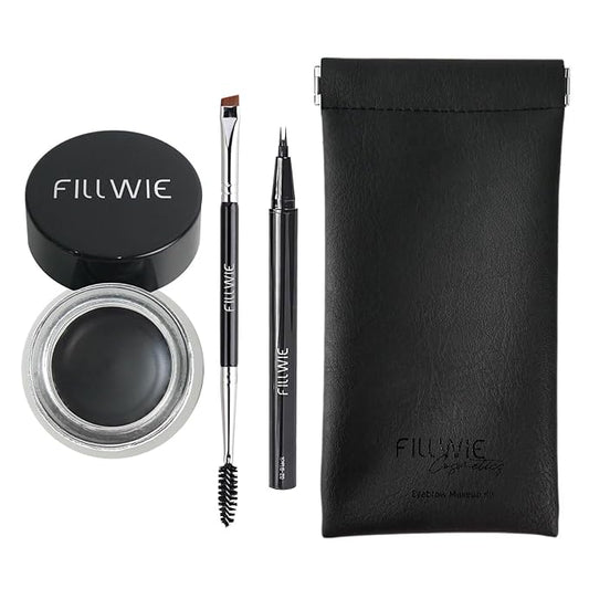 Eyebrow Pomade Stamp, Microblading 2 Tip Liquid Eyebrow Pen, Eye brow Kit with Angled Spoolie Brush and Pu Pouch for Travel (Black)