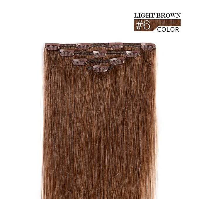 22" Human Hair Extensions Clip in Remy Hair for Women - Silky Straight Clip in Hair Extensions 90grams 4pieces Light Brown #6 Color